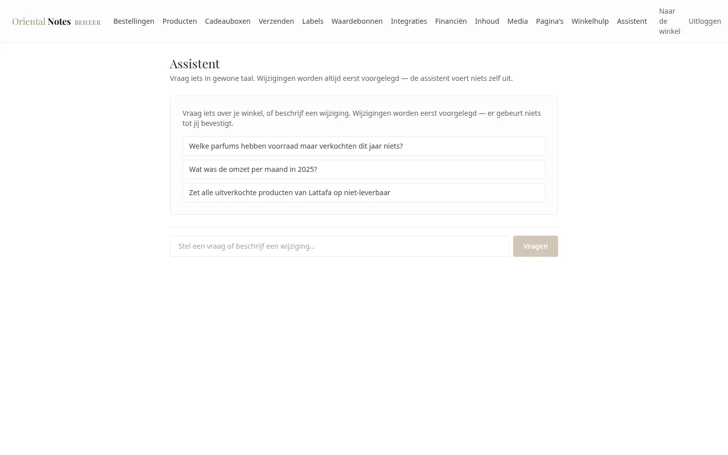 Oriental Notes — beheerscherm · assistent